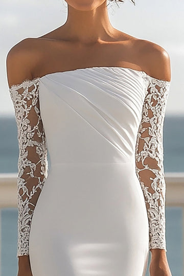 Ivory Chiffon Ruched Mermaid Maxi Boho Formal Dress with Sleeves